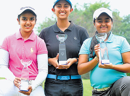 all smiles (From left) Arshia Mahant (Category B), Aditi Ashok (Category A) and Anika Varma (Category C), winners of the stroke play event in the IGU All India Ladies and Junior Golf Championship in Bengaluru on Thursday. DH photo