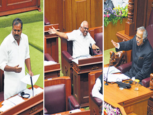 In session: Health Minister U T Khader, a visibly amused senior legislator K R&#8200;Ramesh Kumar and Speaker Kagodu Thimmappa in the Legislative Assembly on Thursday. DH Photo