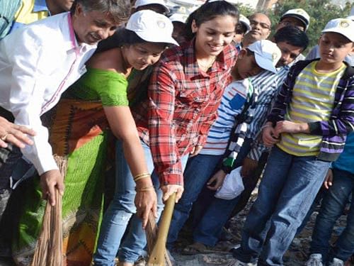 Ace shuttler Saina Nehwal participated in the 'Swachh Bharat Abhiyan' organised by oil Bharat Petroleum here today and urged everybody to actively take part in the campaign launched by Prime Minister Narendra Modi.PTI Photo