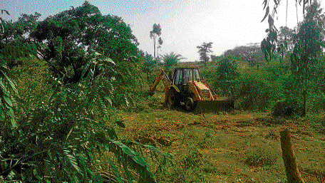 An earthmover deployed to clear the green cover near the BGS Global Hospital at Mylasandra village. DH&#8200;photo