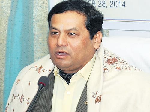 Making His Point: Sports Minister Sarbananda Sonowal at a function in Bengaluru on&#8200;Sunday. DH photo