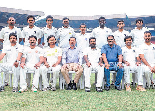 CHAMPIONS: Chinthamani Sports Association, winners of the KSCA Group I (Division IV) tournament for Metro Shield. STANDING (From left): Kantesh, Adithya, Dheeraj, Nischith, Rajath, Vinay, Sarfaraz, Deepak. SITTING: G Chaitra, KM Aiyappa, Nidhuvan, Chenraj Roychand (President), C Raghu, Sankar UV (Secretary), Bharath, Krishna.