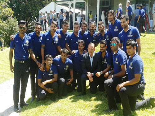 The touring Indian cricketers and their home team counterparts were today hosted by Australian Prime Minister Tony Abbott for an afternoon tea. Photo: BCCI official Twitter