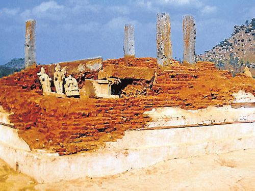 The ancient Jain temple discovered during an excavation taken up by Archeological Survey of India, at Arethippuru village, Bharathinagar, Mandya district, on Saturday. (Right) Ruins found at the site. DH PHOTOS