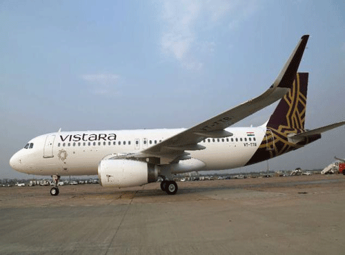 Tata-SIA joint venture airline Vistara, which is all set to take wings from Friday with flights connecting Delhi, Mumbai and Ahmedabad, is expected to take delivery of its third Airbus A-320 aircraft this week. File photo