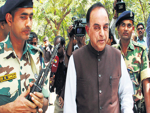 BJP leader Subramanian Swamy speaks to mediapersons in Bengaluru on Monday. DH Photo