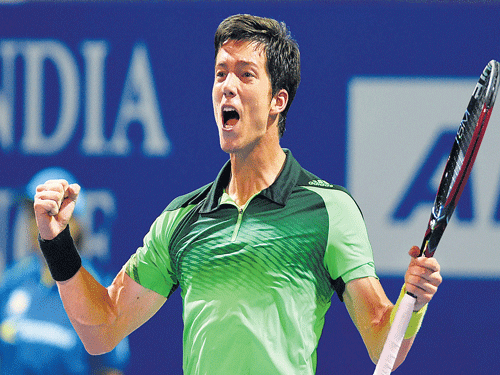 victory cry: Aljaz Bedene exults after beating Spain's Feliciano Lopez 6-4, 6-4 at the Chennai Open on Thursday. AP