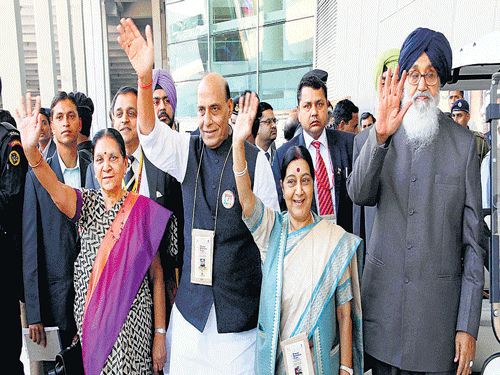 (From left) Gujarat CM Anandiben Patel, Union Home Minister Rajnath Singh, External Affairs Minister Sushma Swaraj and Punjab Chief Minister Parkash Singh Badal on the concluding day of Pravasi Bharatiya Divas in Gandhinagar on Friday. PTI