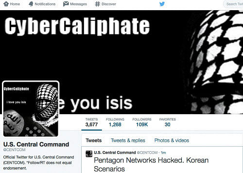 This screen grab made Monday, Jan. 12, 2015 show the front page of the U.S. Central Command twitter account after is was hacked. The twitter site of the military's U.S. Central Command was taken over Monday by hackers claiming to be working on behalf of the Islamic State militants. American and coalition fighters are launching airstrikes against IS in Iraq and Syria. The site was filled with threats that said 'American soldiers, we are coming, watch your back.' Other postings appeared to list names and phone numbers of military personnel as well as PowerPoint slides and maps. AP