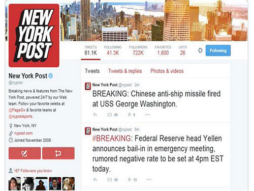 New York Post Twitter Account was hacked. Photo: Twitter (Screengrab)