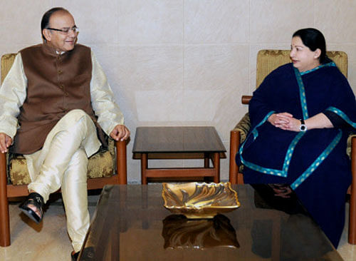 Union Finance Minister Arun Jaitley with AIADMK leader and former Chief Minister of Tamil Nadu, J Jayalalithaa at her Poes Garden residence in Chennai on Sunday. PTI Photo