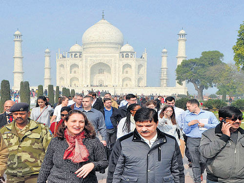 US President Barack Obama's advance team reviews the security arrangements at the Taj Mahal in Agra on Monday. PTI