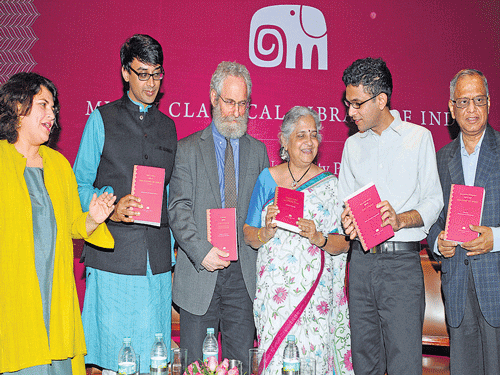 NEWCHAPTER: CanadianmathematicianManjul Bhargava (2nd fromleft) releases five books at the inauguration ofMurty Classical Library of India in Bengaluru onWednesday. Fromleft are HarvardUniversity Press Executive Editor Sharmila Sen, Sanskrit scholar and the library's Editor Sheldon Pollock, author SudhaMurty, the library's Founder RohanMurty and Infosys Co-founderN RNarayanaMurthy. DH PHOTO