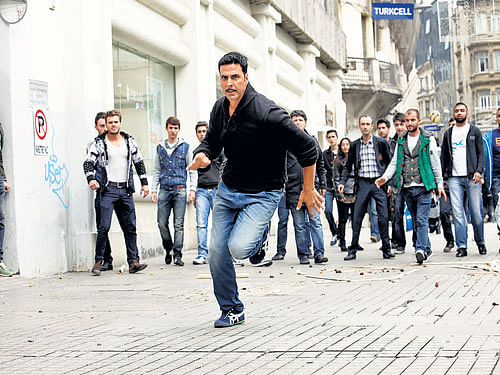 in Action Actor Akshay Kumar in a still from the film 'Baby'.