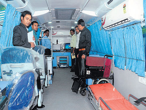 The interiors of 'Nesargi Sanjeevini', the healthcare bus that includes equipment for electrocardiogram, echocardiogram and pulse oximetry tests. DH photo