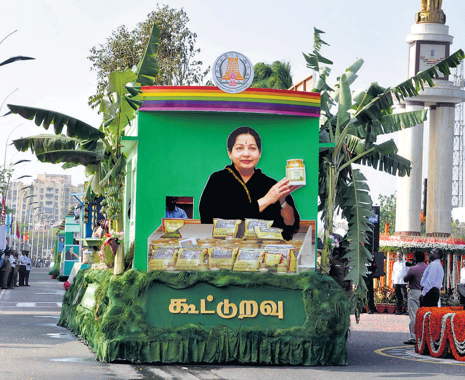 Cooperation department's tableau carries former Tamil Nadu chief minister Jayalalitha's picture at the Republic Day function in Chennai on Monday. DH photo