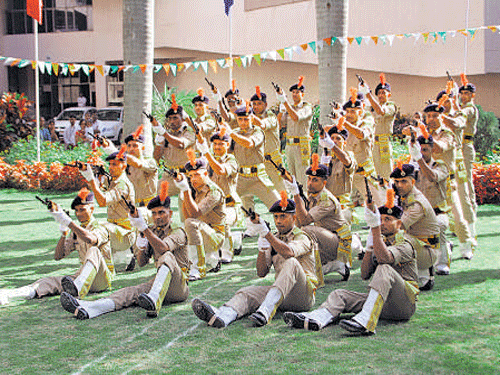 CISF personnel perform a drill at the Republic Day parade on the ISRO/ISAC campus in Bengaluru on Monday.