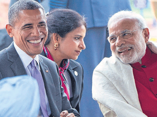 US President Barack Obama and Prime Minister Narendra Modi at the Mughal Gardens in New Delhi on Monday. AP