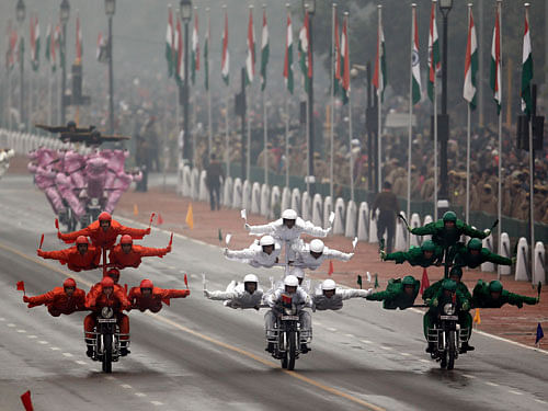 The bike-borne 'Janbaaz' daredevils of the BSF came in for praise the third time by US President Barack Obama who fondly called their stunts "impressive" while he interacted with youngsters on the last day of his visit here. Reuters File Photo.