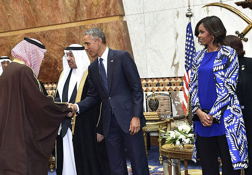 In this Tuesday, Jan. 27, 2015 photo provided by the Saudi Press Agency, President Barack Obama and first lady Michelle Obama stand in a receiving line, in Riyadh, Saudi Arabia, Tuesday, Jan. 27, 2015. The president came to expresses condolences on the death of the late Saudi Arabian King Abdullah bin Abdulaziz al-Saud. AP photo