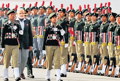 Prime Minister Narendra Modi inspects the Guard of Honour during the prime minister's NCC rally, in New Delhi on Wednesday. PTI