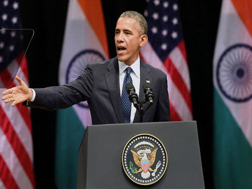 US President Barack Obama addressing a function at Siri Fort Auditorium in New Delhi on Tuesday. PTI Photo