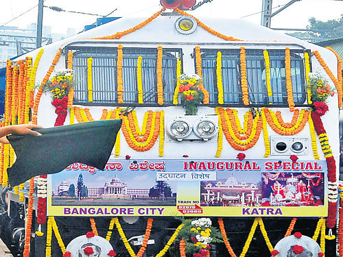 The Katra weekly premium express train  that was flagged off at the Bengaluru railway station on  Thursday. DH photo