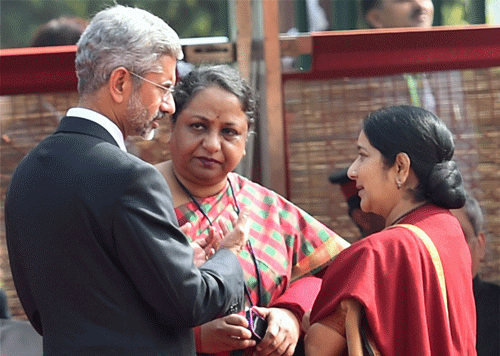 Union External Affairs Minister Sushma Swaraj with former Foreign Secretary Sujatha Singh and and present Foreign Secretary S Jaishankar. Photo: PTI (File)