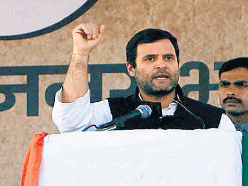 Rahul Gandhi at a rally in New Delhi on Thursday.&#8200;DH photo