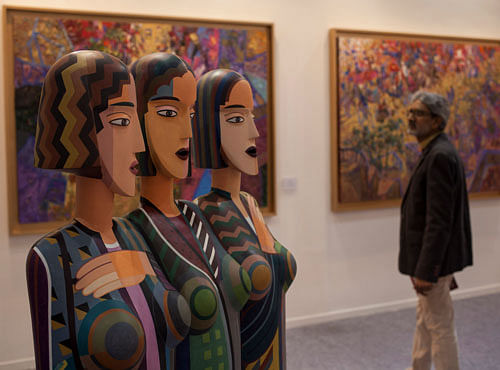 From Latvia to America, it is a celebration of Indian art and artists with many foreign galleries showcasing Indian work and art installations at the 7th edition of the ongoing India Art Fair here.  AP photo