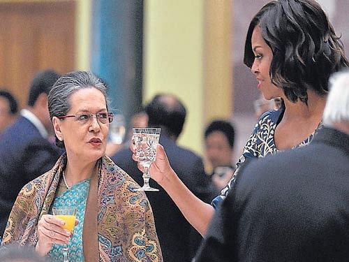 UPA chairperson Sonia Gandhi with First Lady Michelle Obama  at  Rashtrapati Bhavan in New Delhi . PTI