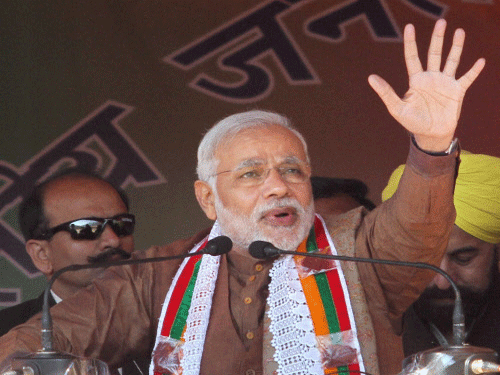 Modi said the huge crowds at his election rallies were an indication of the direction the wind is blowing and appealed to voters to bring a stable BJP government in Delhi.PTI File photo