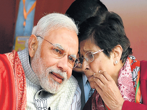 Pulling out all stops Prime minister and BJP CM candidate Kiran Bedi at a rally in New Delhi on Wednesday. PTI