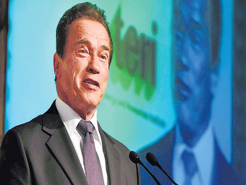 Hollywood actor and former governor of California Arnold Schwarzenegger addresses the 15th Delhi Sustainable  Development Summit on Thursday. PTI