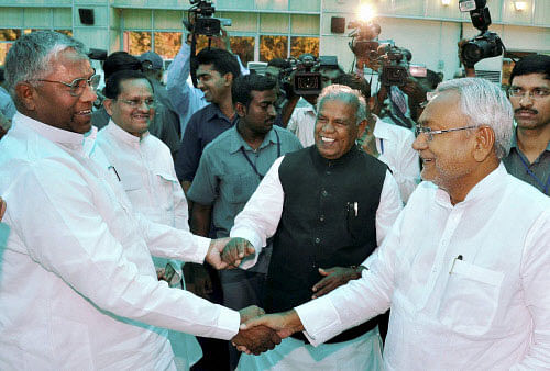 Bihar Chief Minister Jitan Ram Manjhi appears to be on the way out in the wake of his defiance as the JD(U) is all set to replace him with his mentor Nitish Kumar at a meeting of the legislature party tomorrow. PTI file photo
