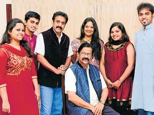 In Collaboration : (From left) Meghana Bhat, Vishwas Vasistha, Upasana Mohan (music director), MD Pallavi, BR Lakshman Rao (poet), Varsha Suresh and Vikas Vasistha.