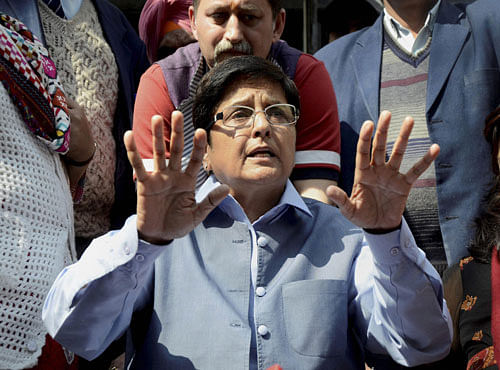 BJP leader Kiran Bedi addresses a press conference at her residence in New Delhi on Tuesday. PTI Photo