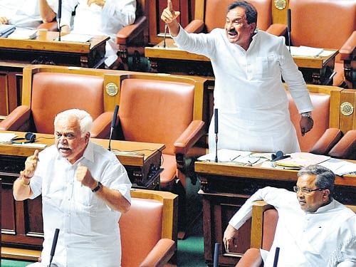 Hear Me Out : Home Minister K&#8200;J&#8200;George reacts to the  statement by Opposition members on the increase in crime rates at the Legislative Assembly in Bengaluru on Tuesday. Chief Minister Siddaramaiah and Minister R V Deshpande are also seen. DH&#8200;Photo