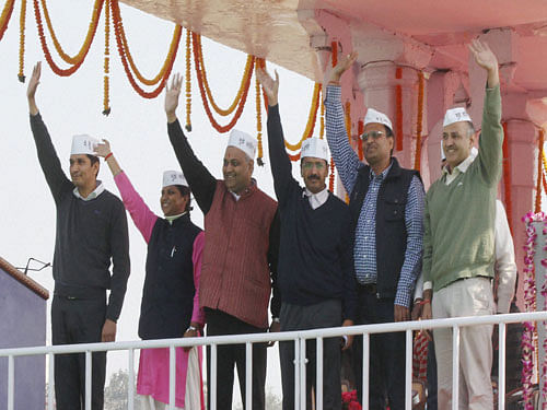 Preparations are afoot at Ramlila Maidan here for Arvind Kejriwal's swearing-in ceremony as Delhi Chief Minister on February 14.PTI File Photo