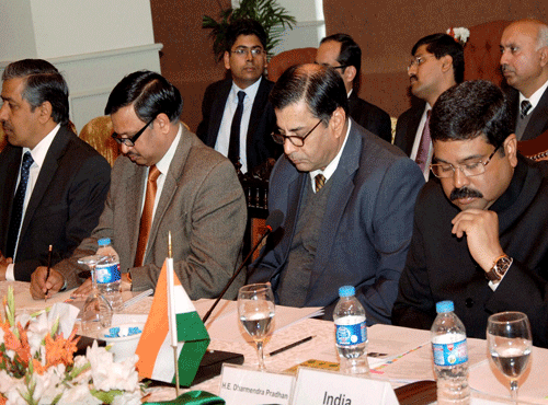 Minister of State for Petroleum and Natural Gas (Independent Charge), Dharmendra Pradhan (1st from R) attending the 20th Steering Committee meeting of TAPI natural gas pipeline project, in Islamabad on Wednesday. PTI Photo