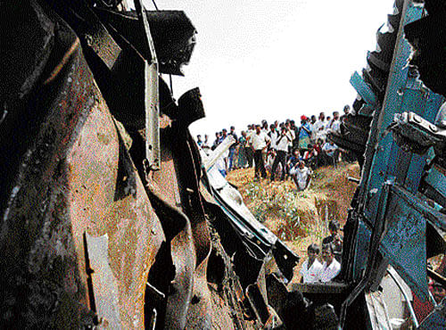 Ill-Fated Train: A view of a broken coach of the derailed Bangalore-Ernakulam Express at Bidarigere, near Anekal, about 40 kilometres south of Bengaluru. DH Photo