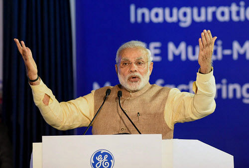 Prime Minister Narendra Modi speaks at the inauguration of General Electric's (GE) multi-modal manufacturing facility at Chakan near Pune on Saturday. PTI Photo
