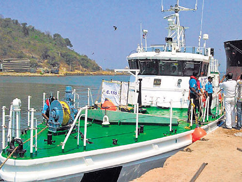 BOLSTERING SECURITY: The C-155 interceptor boat&#8200;which anchored at Karwar port in Uttara Kannada district on Wednesday. DH PHOTO