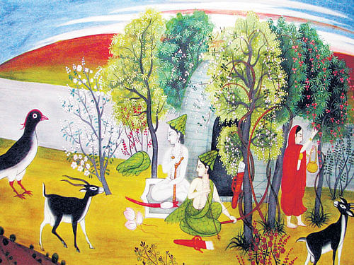 Divine rendition One of the Pahari paintings portraying Lord Ram, Lakshman & Sita.