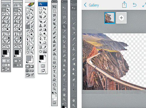 A handout image of Photoshop toolbars, starting from left, Photoshop 1 to Photoshop CC, and newest app on smart phones. INYT
