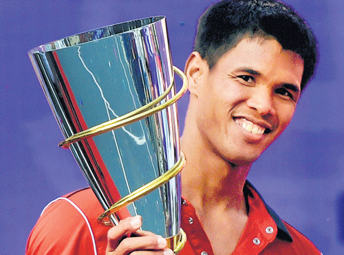 India's Somdev Devvarman with the Delhi Open title on Sunday. PTI