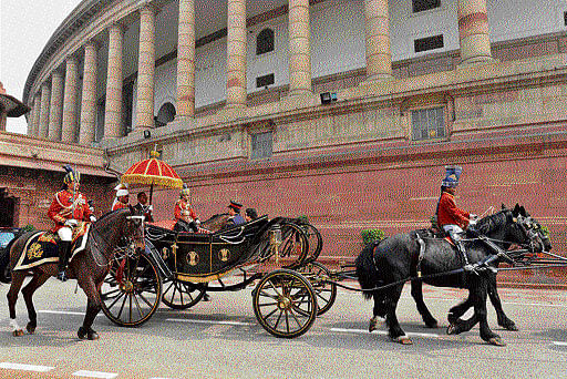 President Pranab Mukherjee leaves after addressing a joint session of both Houses of Parliament on the first day of the Budget Session in New Delhi on Monday. PTI