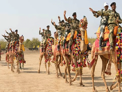 A contingent of over two dozen women, including border guarding 'mahila' troops of BSF, have embarked on a maiden 2,300-km camel safari along India's international border with Pakistan.Image Courtesy: Facebook