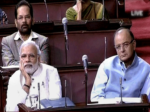 Prime Minister Narendra Modi and Finance Minister Arun Jaitley in the Rajya Sabha during the budget session in New Delhi on Wednesday. PTI Photo