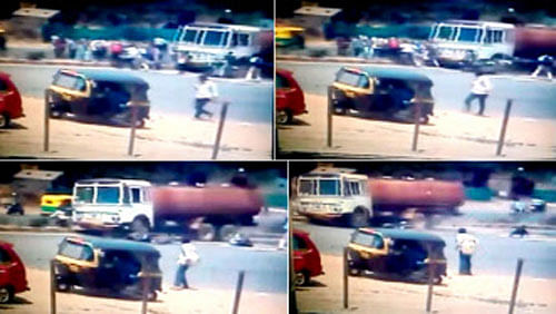 A TV grab of the CCTV footage of the accident on the Hebbal road, where 2 people were killed and five were injured after a water tanker lost control and ran over them. DH photo